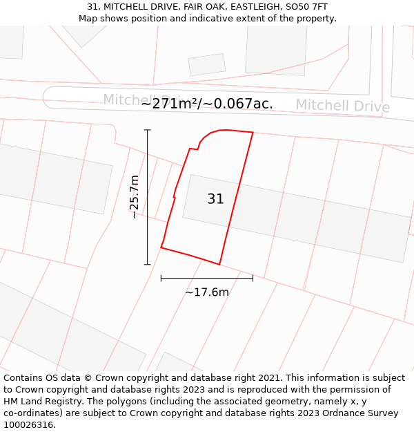 31, MITCHELL DRIVE, FAIR OAK, EASTLEIGH, SO50 7FT: Plot and title map