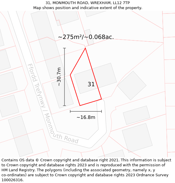 31, MONMOUTH ROAD, WREXHAM, LL12 7TP: Plot and title map