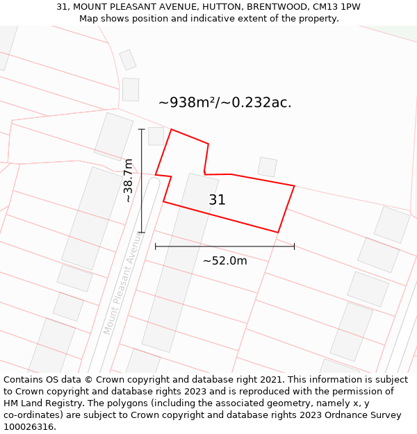 31, MOUNT PLEASANT AVENUE, HUTTON, BRENTWOOD, CM13 1PW: Plot and title map