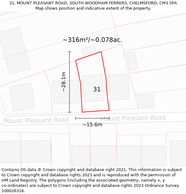 31, MOUNT PLEASANT ROAD, SOUTH WOODHAM FERRERS, CHELMSFORD, CM3 5PA: Plot and title map