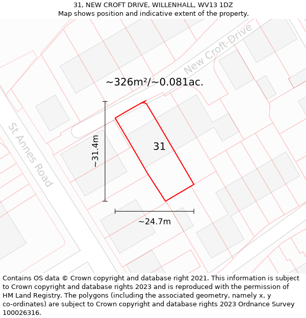 31, NEW CROFT DRIVE, WILLENHALL, WV13 1DZ: Plot and title map