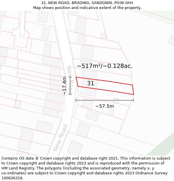 31, NEW ROAD, BRADING, SANDOWN, PO36 0AH: Plot and title map