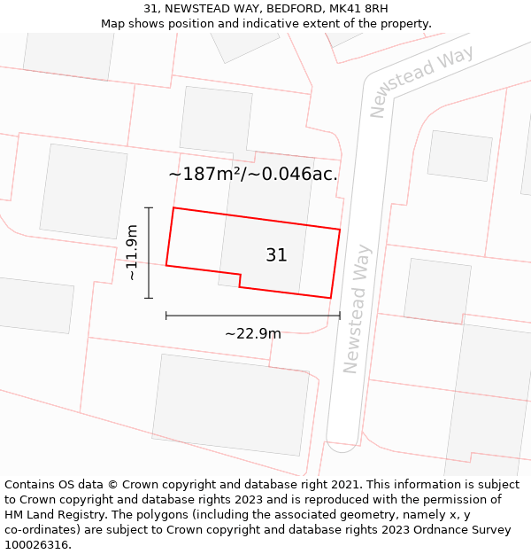 31, NEWSTEAD WAY, BEDFORD, MK41 8RH: Plot and title map