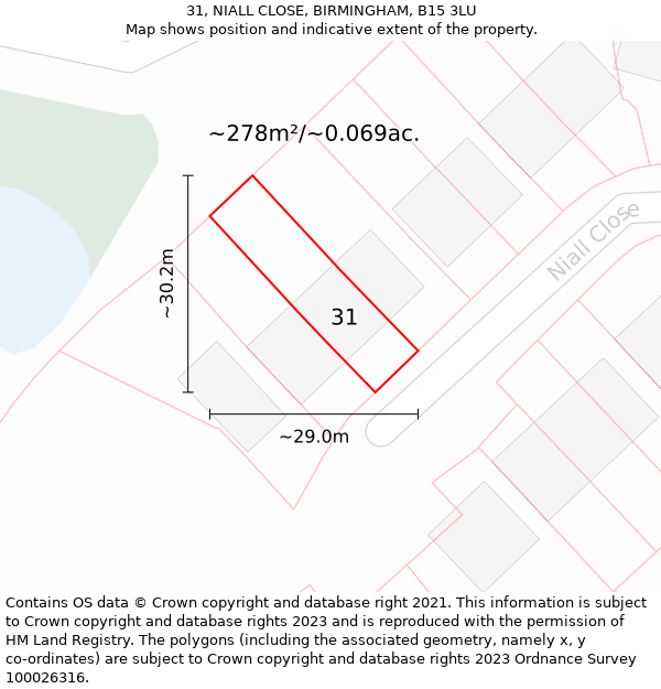 31, NIALL CLOSE, BIRMINGHAM, B15 3LU: Plot and title map