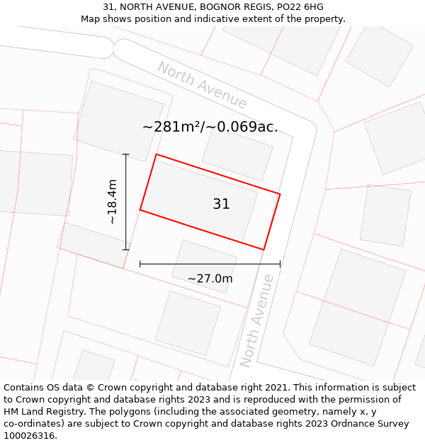 31, NORTH AVENUE, BOGNOR REGIS, PO22 6HG: Plot and title map