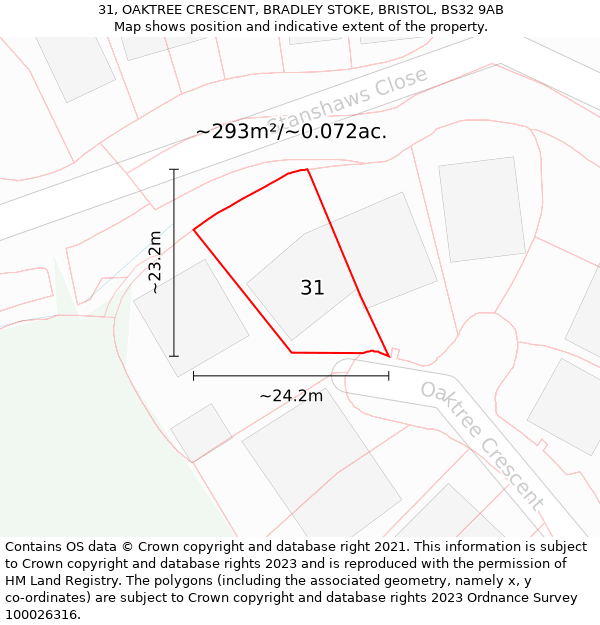 31, OAKTREE CRESCENT, BRADLEY STOKE, BRISTOL, BS32 9AB: Plot and title map