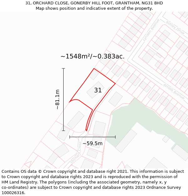 31, ORCHARD CLOSE, GONERBY HILL FOOT, GRANTHAM, NG31 8HD: Plot and title map