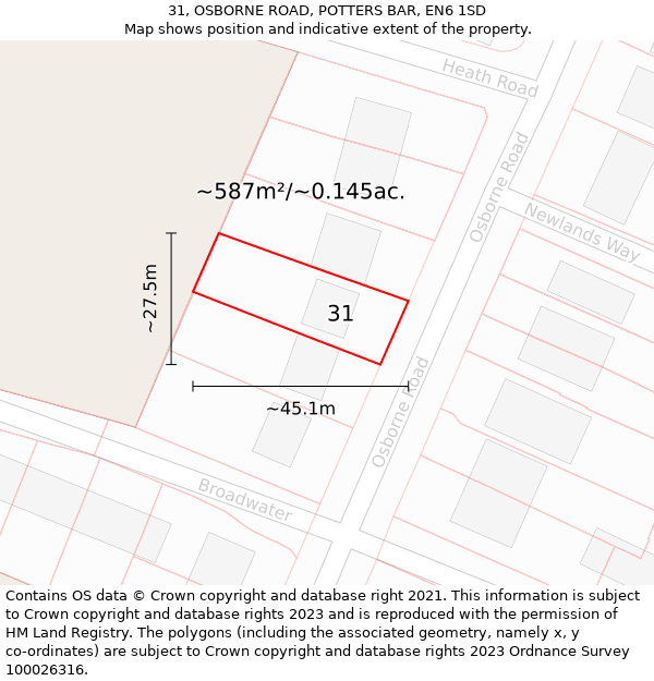 31, OSBORNE ROAD, POTTERS BAR, EN6 1SD: Plot and title map