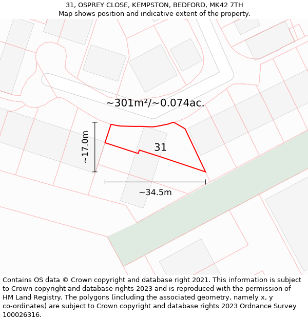 31, OSPREY CLOSE, KEMPSTON, BEDFORD, MK42 7TH: Plot and title map