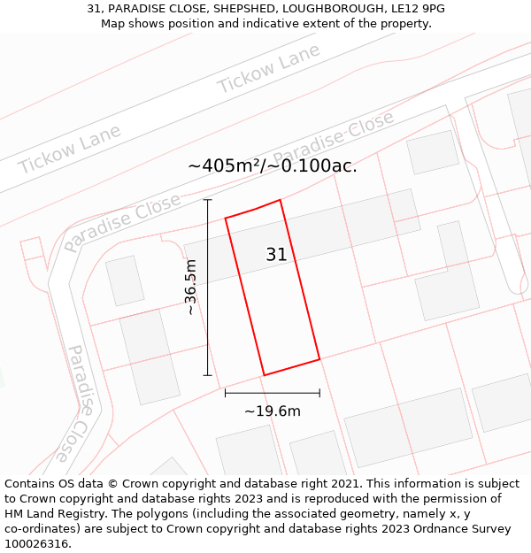 31, PARADISE CLOSE, SHEPSHED, LOUGHBOROUGH, LE12 9PG: Plot and title map