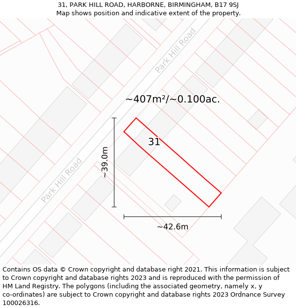 31, PARK HILL ROAD, HARBORNE, BIRMINGHAM, B17 9SJ: Plot and title map