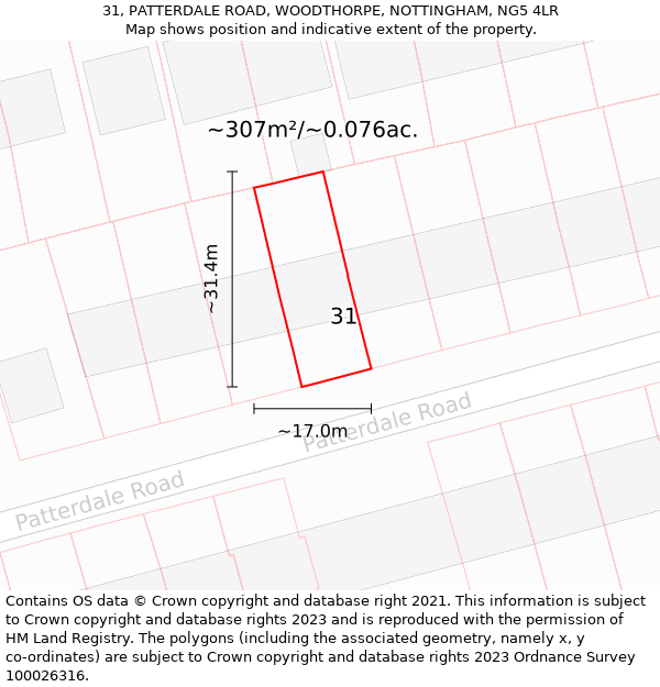 31, PATTERDALE ROAD, WOODTHORPE, NOTTINGHAM, NG5 4LR: Plot and title map