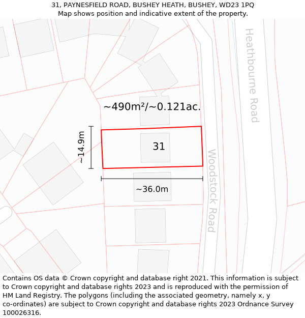 31, PAYNESFIELD ROAD, BUSHEY HEATH, BUSHEY, WD23 1PQ: Plot and title map