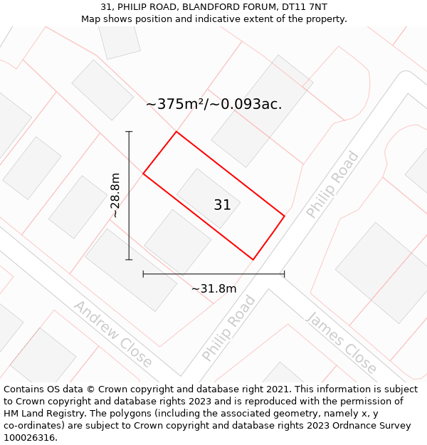 31, PHILIP ROAD, BLANDFORD FORUM, DT11 7NT: Plot and title map