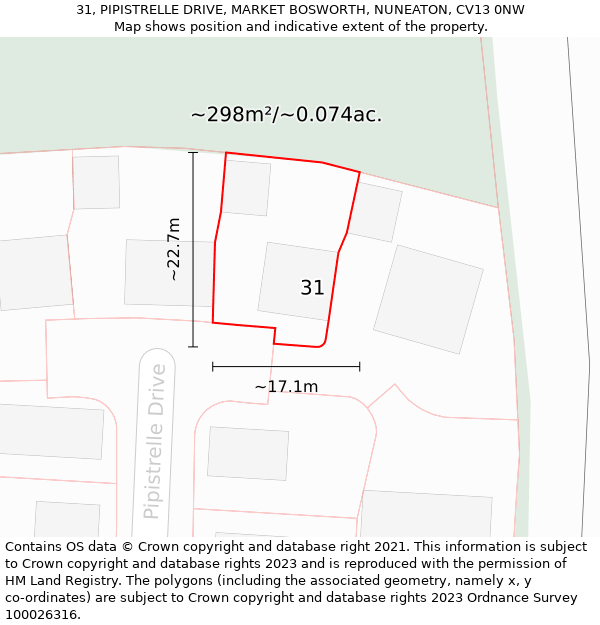 31, PIPISTRELLE DRIVE, MARKET BOSWORTH, NUNEATON, CV13 0NW: Plot and title map