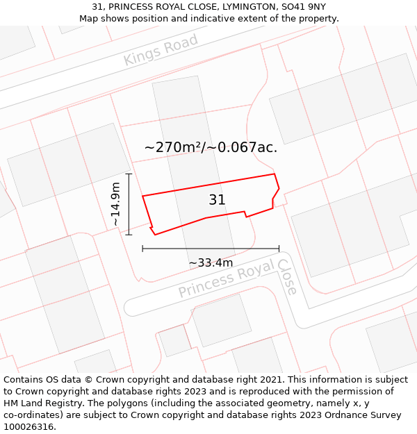 31, PRINCESS ROYAL CLOSE, LYMINGTON, SO41 9NY: Plot and title map