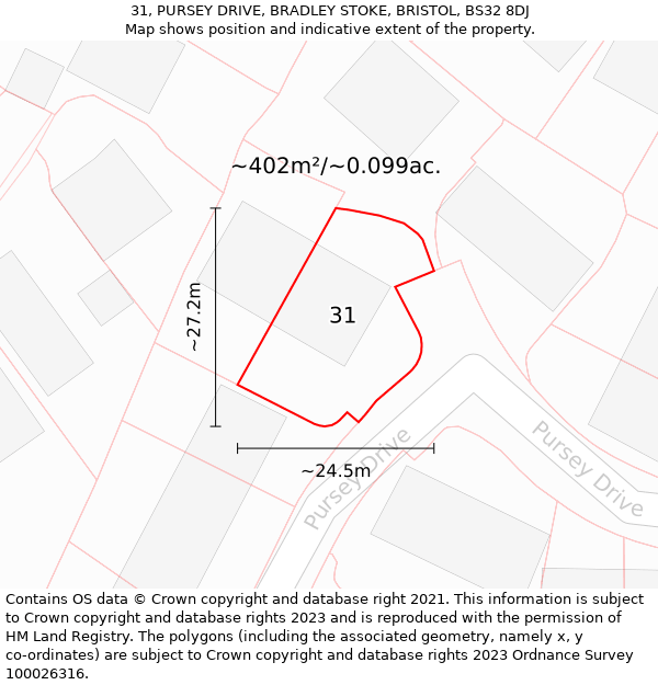 31, PURSEY DRIVE, BRADLEY STOKE, BRISTOL, BS32 8DJ: Plot and title map