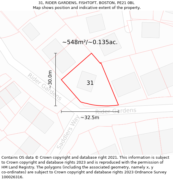 31, RIDER GARDENS, FISHTOFT, BOSTON, PE21 0BL: Plot and title map