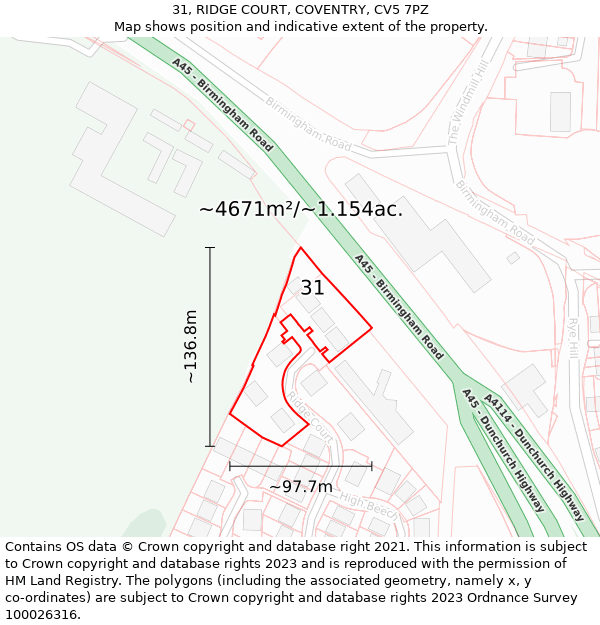 31, RIDGE COURT, COVENTRY, CV5 7PZ: Plot and title map