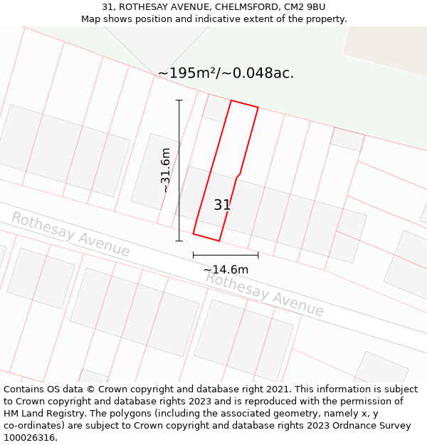 31, ROTHESAY AVENUE, CHELMSFORD, CM2 9BU: Plot and title map