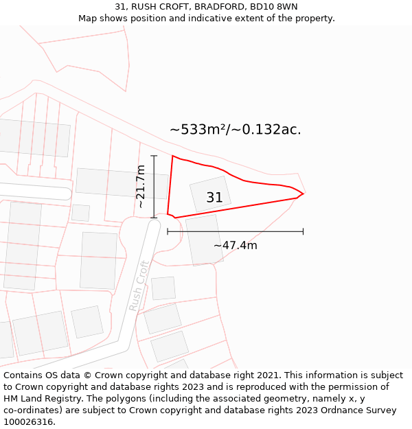 31, RUSH CROFT, BRADFORD, BD10 8WN: Plot and title map