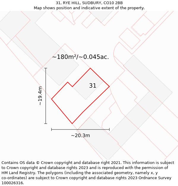 31, RYE HILL, SUDBURY, CO10 2BB: Plot and title map