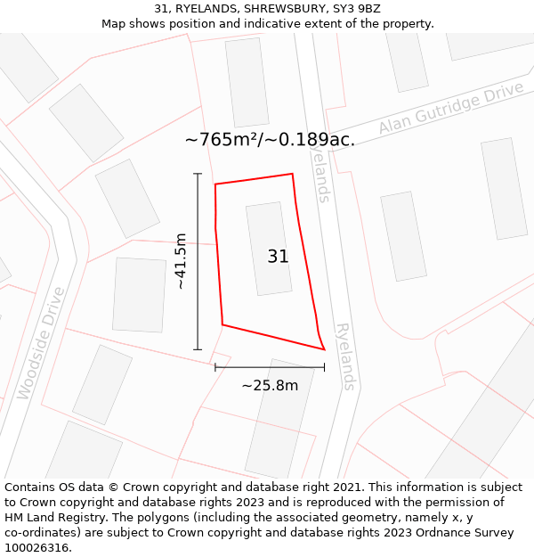 31, RYELANDS, SHREWSBURY, SY3 9BZ: Plot and title map