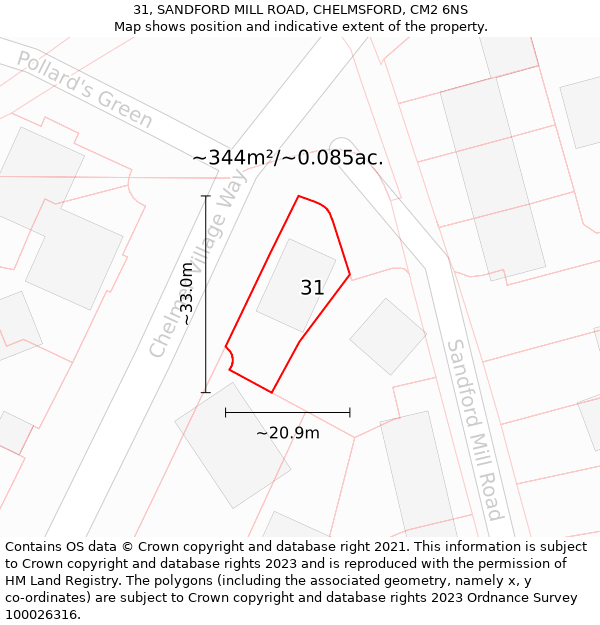 31, SANDFORD MILL ROAD, CHELMSFORD, CM2 6NS: Plot and title map