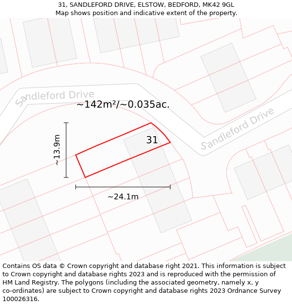 31, SANDLEFORD DRIVE, ELSTOW, BEDFORD, MK42 9GL: Plot and title map