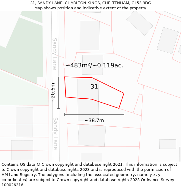 31, SANDY LANE, CHARLTON KINGS, CHELTENHAM, GL53 9DG: Plot and title map