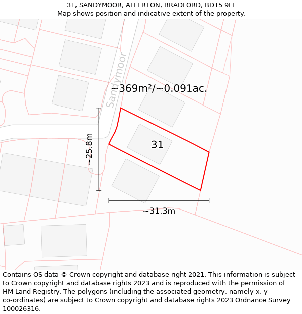 31, SANDYMOOR, ALLERTON, BRADFORD, BD15 9LF: Plot and title map