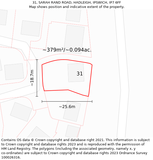 31, SARAH RAND ROAD, HADLEIGH, IPSWICH, IP7 6FF: Plot and title map