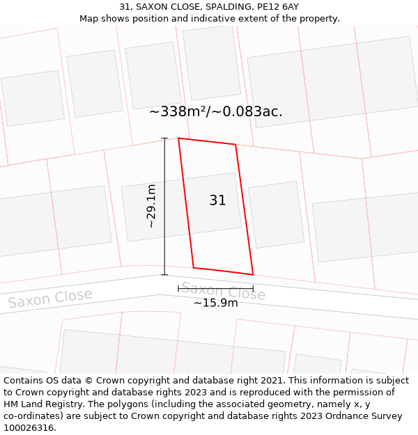 31, SAXON CLOSE, SPALDING, PE12 6AY: Plot and title map