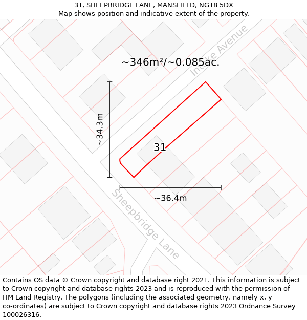 31, SHEEPBRIDGE LANE, MANSFIELD, NG18 5DX: Plot and title map