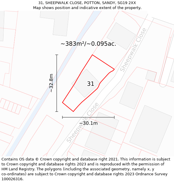 31, SHEEPWALK CLOSE, POTTON, SANDY, SG19 2XX: Plot and title map