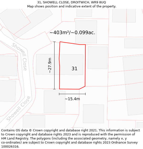 31, SHOWELL CLOSE, DROITWICH, WR9 8UQ: Plot and title map