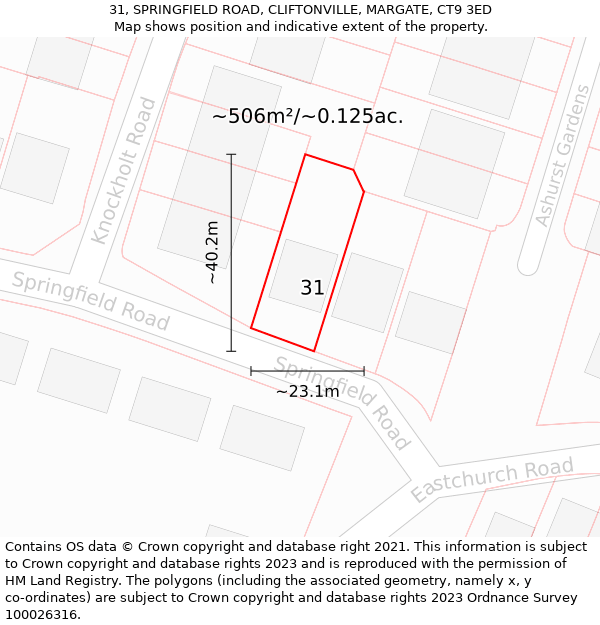 31, SPRINGFIELD ROAD, CLIFTONVILLE, MARGATE, CT9 3ED: Plot and title map