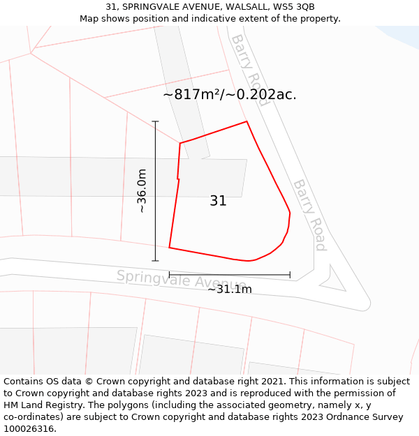 31, SPRINGVALE AVENUE, WALSALL, WS5 3QB: Plot and title map