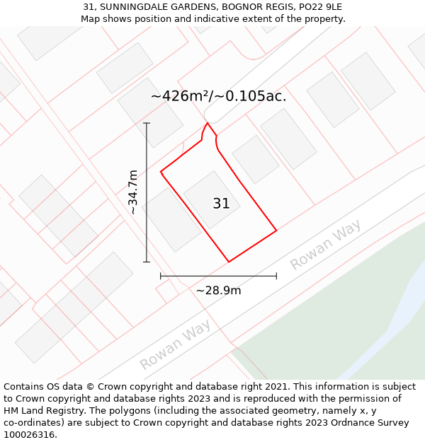 31, SUNNINGDALE GARDENS, BOGNOR REGIS, PO22 9LE: Plot and title map