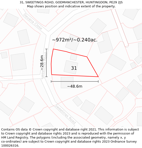 31, SWEETINGS ROAD, GODMANCHESTER, HUNTINGDON, PE29 2JS: Plot and title map