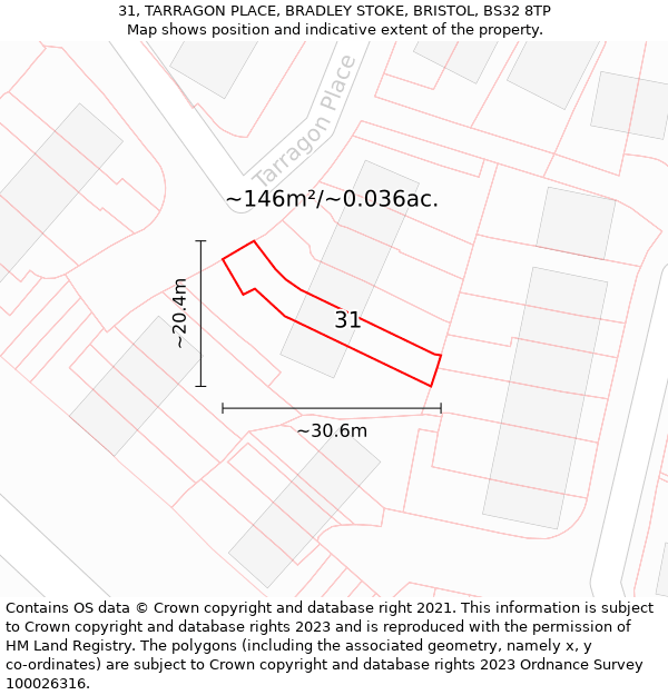 31, TARRAGON PLACE, BRADLEY STOKE, BRISTOL, BS32 8TP: Plot and title map