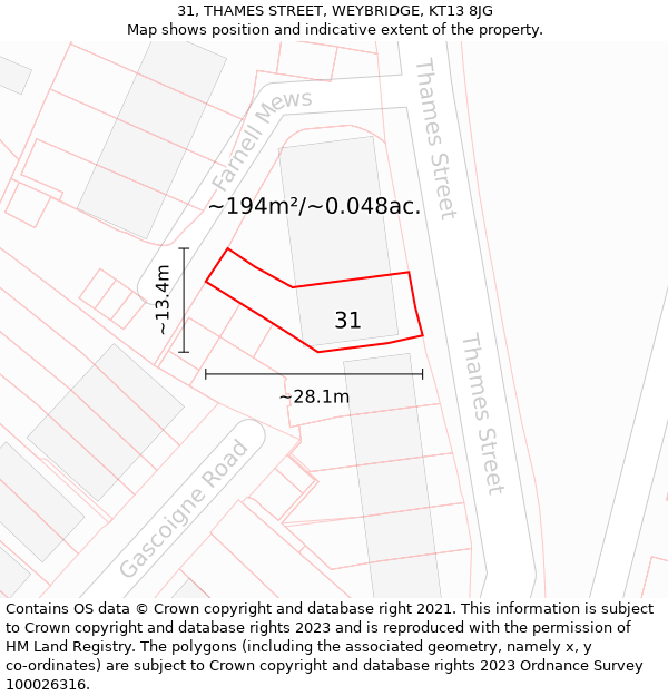 31, THAMES STREET, WEYBRIDGE, KT13 8JG: Plot and title map