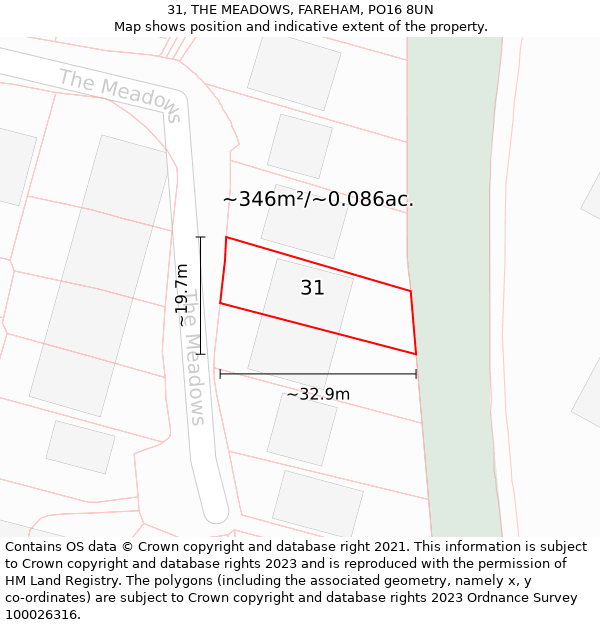 31, THE MEADOWS, FAREHAM, PO16 8UN: Plot and title map