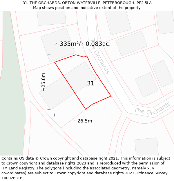 31, THE ORCHARDS, ORTON WATERVILLE, PETERBOROUGH, PE2 5LA: Plot and title map