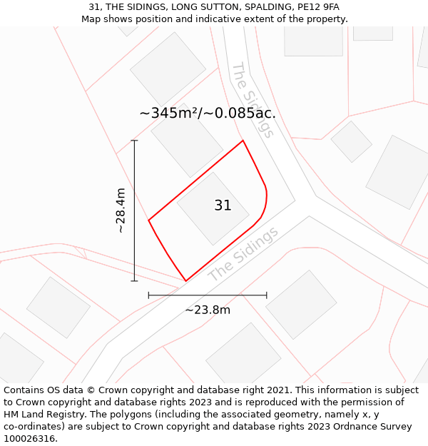 31, THE SIDINGS, LONG SUTTON, SPALDING, PE12 9FA: Plot and title map