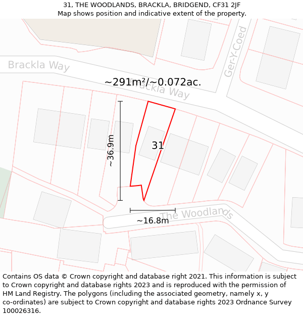 31, THE WOODLANDS, BRACKLA, BRIDGEND, CF31 2JF: Plot and title map