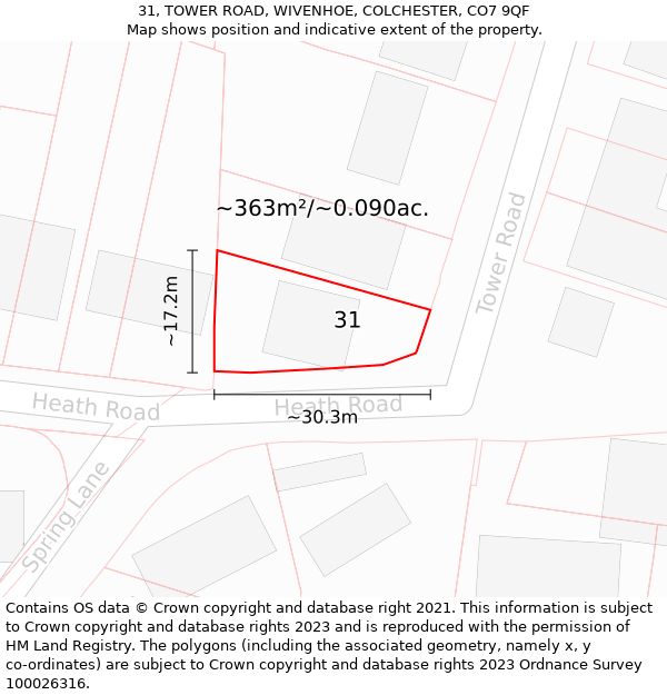 31, TOWER ROAD, WIVENHOE, COLCHESTER, CO7 9QF: Plot and title map