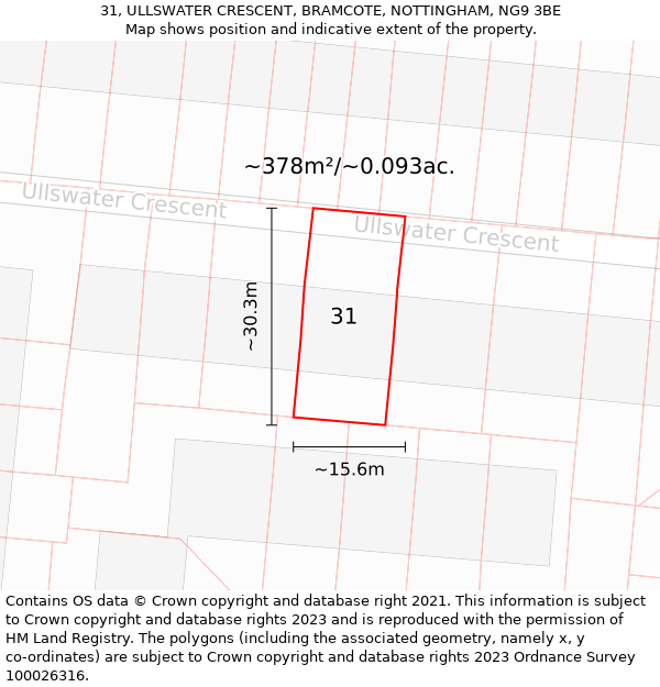 31, ULLSWATER CRESCENT, BRAMCOTE, NOTTINGHAM, NG9 3BE: Plot and title map