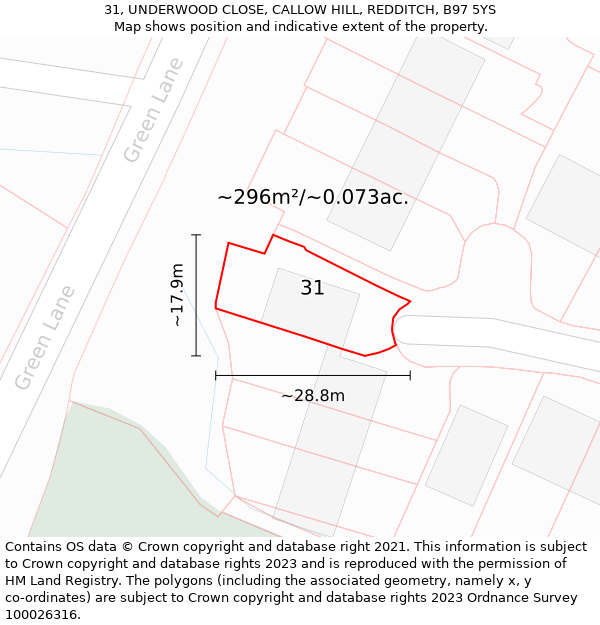 31, UNDERWOOD CLOSE, CALLOW HILL, REDDITCH, B97 5YS: Plot and title map