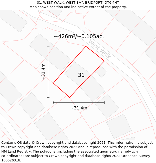 31, WEST WALK, WEST BAY, BRIDPORT, DT6 4HT: Plot and title map